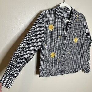 Women's Vintage Button Up Gingham Plaid Sun Flower Embroidery Boho Preppy Retro